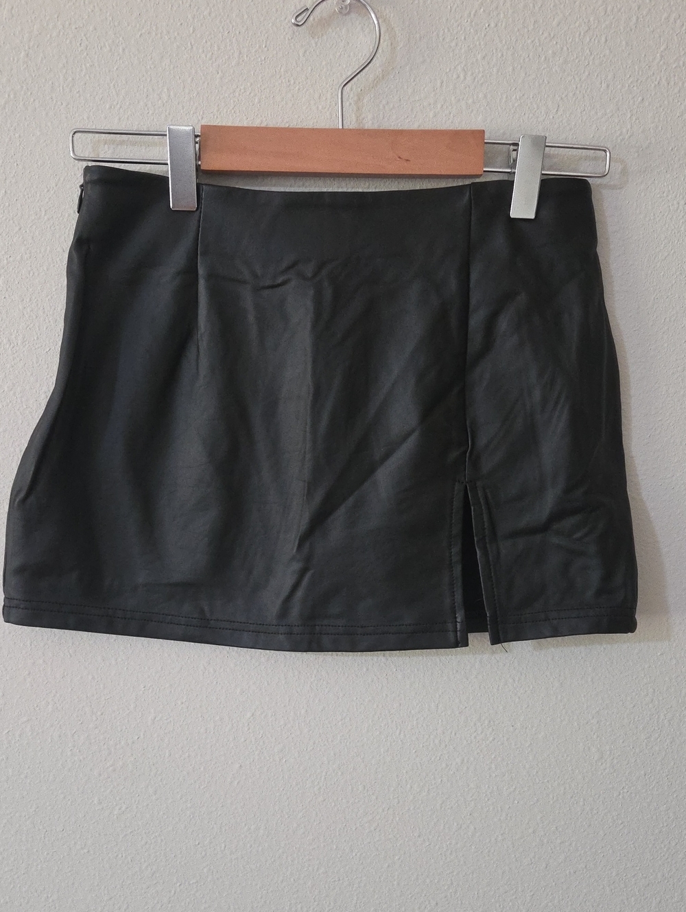 Black Faux Leather Mini Skirt with Front Slit